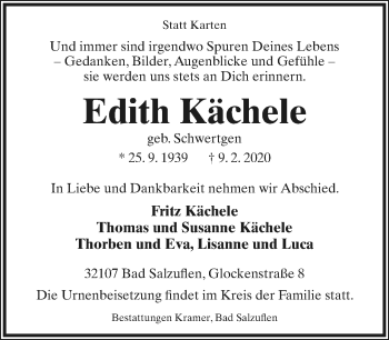 Anzeige  Edith Kächele  Lippische Landes-Zeitung