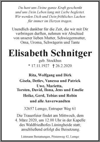 Anzeige  Elisabeth Schnitger  Lippische Landes-Zeitung