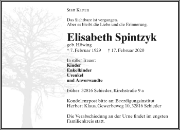 Anzeige  Elisabeth Spintzyk  Lippische Landes-Zeitung