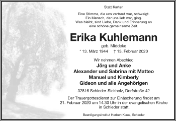 Anzeige  Erika Kuhlemann  Lippische Landes-Zeitung