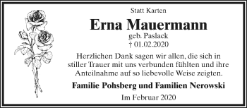 Anzeige  Erna Mauermann  Lippische Landes-Zeitung
