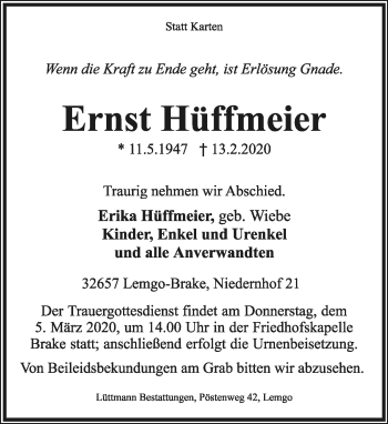 Anzeige  Ernst Hüffmeier  Lippische Landes-Zeitung