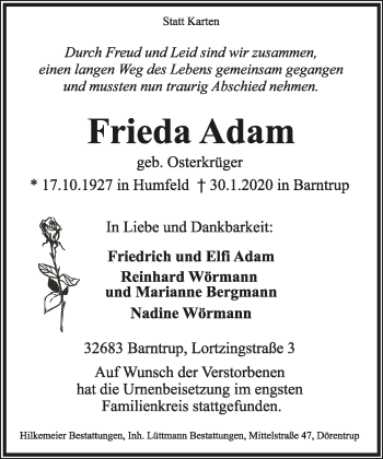 Anzeige  Frieda Adam  Lippische Landes-Zeitung