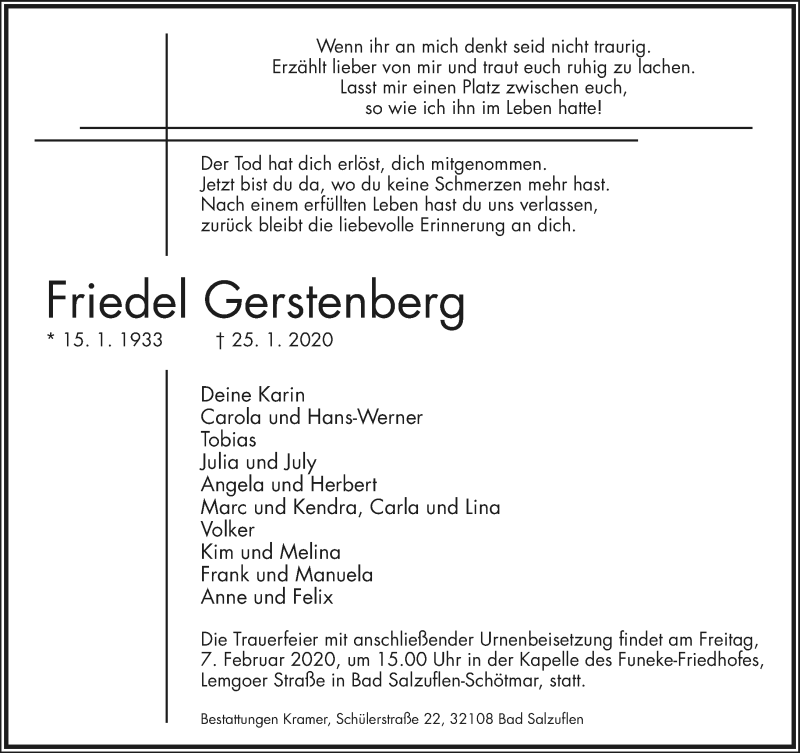  Traueranzeige für Friedel Gerstenberg vom 01.02.2020 aus Lippische Landes-Zeitung
