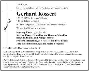Anzeige  Gerhard Kossert  Lippische Landes-Zeitung