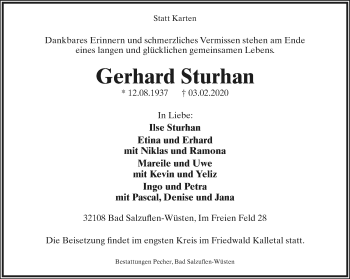 Anzeige  Gerhard Sturhan  Lippische Landes-Zeitung