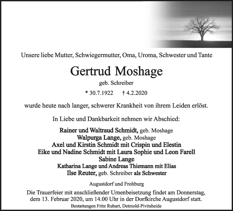  Traueranzeige für Gertrud Moshage vom 08.02.2020 aus Lippische Landes-Zeitung