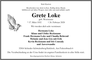 Anzeige  Grete Loke  Lippische Landes-Zeitung