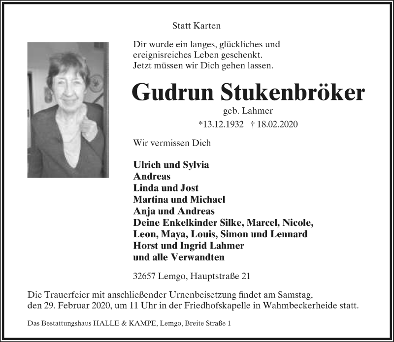  Traueranzeige für Gudrun Stukenbröker vom 22.02.2020 aus Lippische Landes-Zeitung