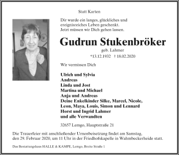 Anzeige  Gudrun Stukenbröker  Lippische Landes-Zeitung