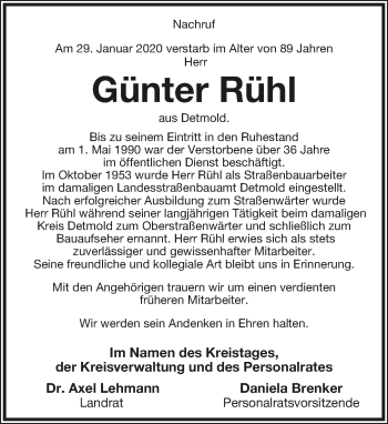 Anzeige  Günter Rühl  Lippische Landes-Zeitung
