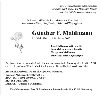 Anzeige  Günther F. Mahlmann  Lippische Landes-Zeitung