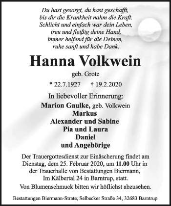 Anzeige  Hanna Volkwein  Lippische Landes-Zeitung