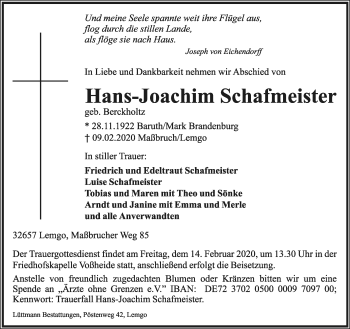 Anzeige  Hans-Joachim Schafmeister  Lippische Landes-Zeitung