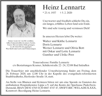 Anzeige  Heinz Lennartz  Lippische Landes-Zeitung