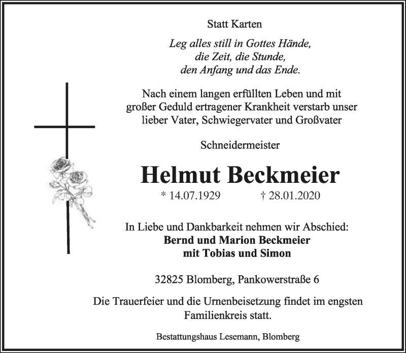  Traueranzeige für Helmut Beckmeier vom 01.02.2020 aus Lippische Landes-Zeitung