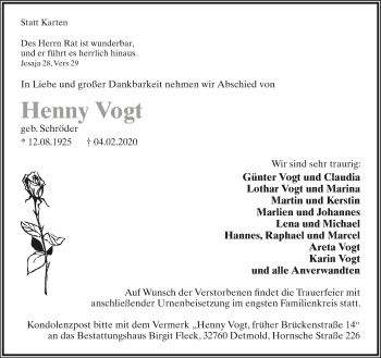 Anzeige  Henny Vogt  Lippische Landes-Zeitung