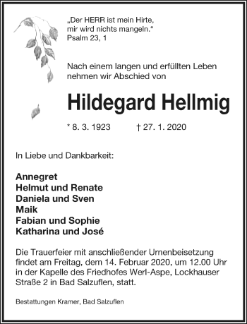 Anzeige  Hildegard Hellmig  Lippische Landes-Zeitung