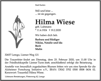 Anzeige  Hilma Wiese  Lippische Landes-Zeitung