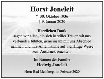Anzeige  Horst Joneleit  Lippische Landes-Zeitung