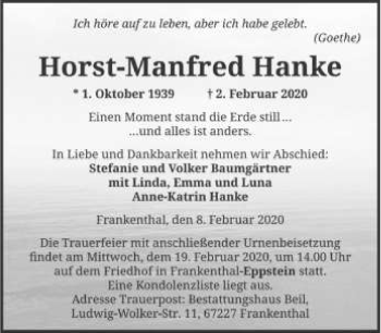 Anzeige  Horst-Manfred Hanke  Lippische Landes-Zeitung