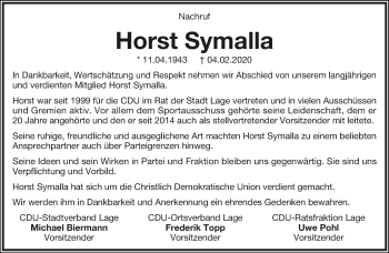 Anzeige  Horst Symalla  Lippische Landes-Zeitung