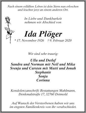 Anzeige  Ida Plöger  Lippische Landes-Zeitung
