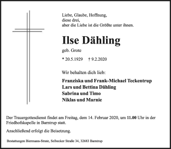 Anzeige  Ilse Dähling  Lippische Landes-Zeitung