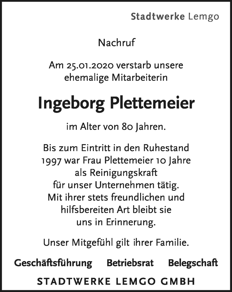  Traueranzeige für Ingeborg Plettemeier vom 08.02.2020 aus Lippische Landes-Zeitung