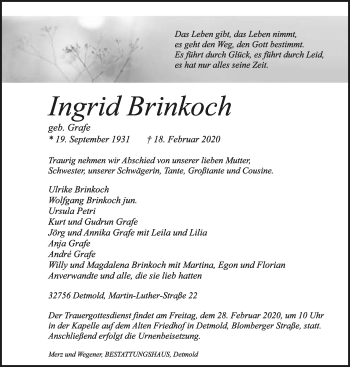 Anzeige  Ingrid Brinkoch  Lippische Landes-Zeitung