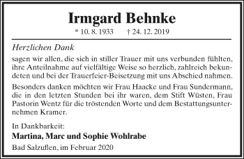 Anzeige  Irmgard Behnke  Lippische Landes-Zeitung