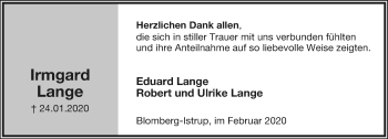 Anzeige  Irmgard Lange  Lippische Landes-Zeitung