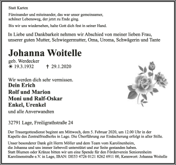 Anzeige  Johanna Woitelle  Lippische Landes-Zeitung