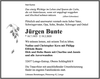 Anzeige  Jürgen Bunte  Lippische Landes-Zeitung