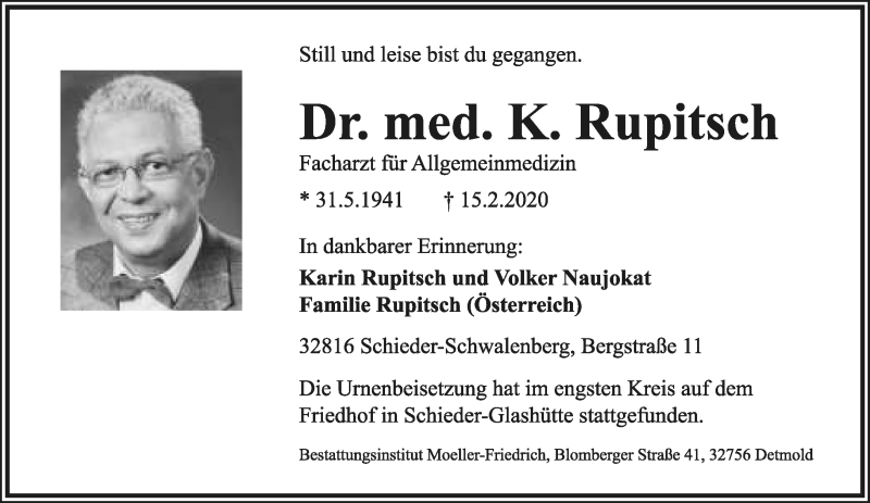  Traueranzeige für Kamal Rupitsch vom 29.02.2020 aus Lippische Landes-Zeitung