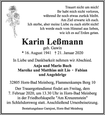 Anzeige  Karin Leßmann  Lippische Landes-Zeitung