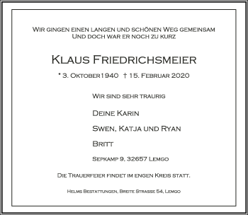 Anzeige  Klaus Friedrichsmeier  Lippische Landes-Zeitung