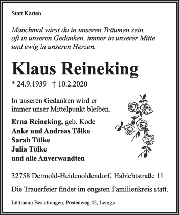 Anzeige  Klaus Reineking  Lippische Landes-Zeitung