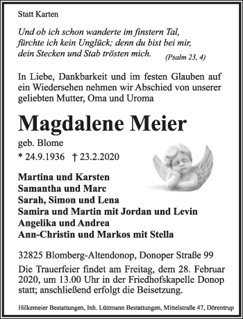 Anzeige  Magdalene Meier  Lippische Landes-Zeitung