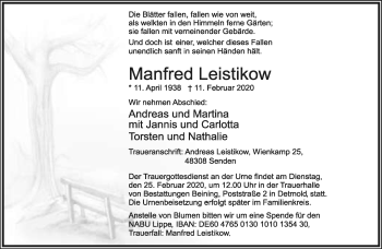Anzeige  Manfred Leistikow  Lippische Landes-Zeitung