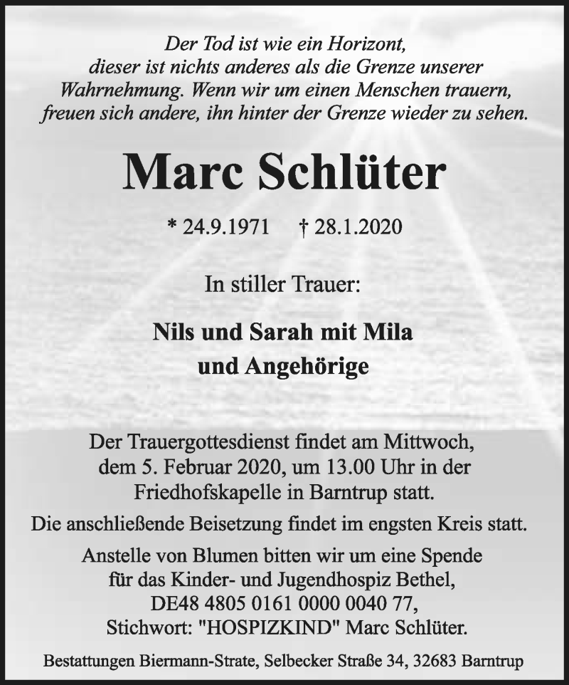  Traueranzeige für Marc Schlüter vom 01.02.2020 aus Lippische Landes-Zeitung