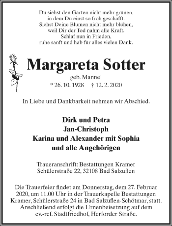 Anzeige  Margareta Sotter  Lippische Landes-Zeitung