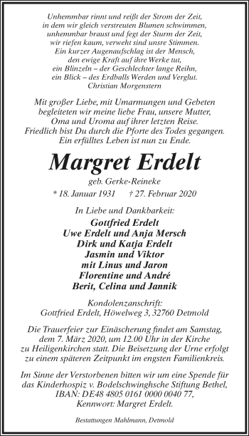 Anzeige  Margret Erdelt  Lippische Landes-Zeitung