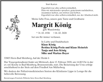 Anzeige  Margrit König  Lippische Landes-Zeitung