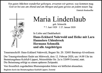 Anzeige  Maria Lindenlaub  Lippische Landes-Zeitung