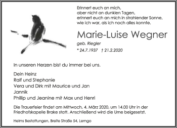 Anzeige  Marie-Luise Wegner  Lippische Landes-Zeitung