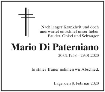 Anzeige  Mario Di Paterniano  Lippische Landes-Zeitung