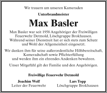 Anzeige  Max Basler  Lippische Landes-Zeitung