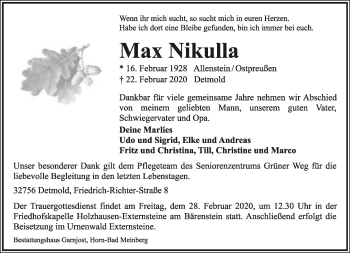 Anzeige  Max Nikulla  Lippische Landes-Zeitung