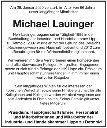 Anzeige  Michael Lauinger  Lippische Landes-Zeitung